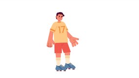 Soccer player bouncing ball on knee 2D character animation. Kicking training flat cartoon 4K video, European male goal football player animated person on white background