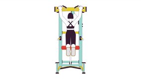 Woman pulling up on pullup machine line cartoon animation. Building strong upper body 4K video motion graphic. Gym girl improving strength 2D linear animated character isolated on white background
