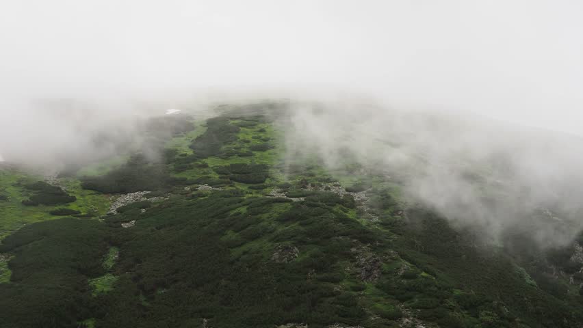 Deep into the mountains, low clouds covering part of the landscape. Heavy clouds, green vegetation. Mist, fog and white clouds in real time in springtime on a rainy day