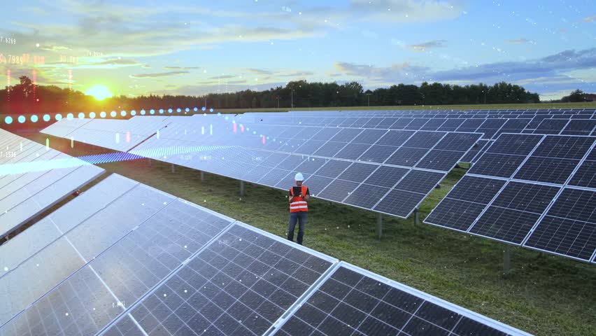 Infographics Of Rising Stock Market With An Engineer Standing Between The Solar Panels Producing Green Energy. - aerial, close up - Powered by Shutterstock - Get 15% off with code: PIKWIZARD15