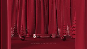 Opening red curtains with empty podium or display for product presentation and Christmas decorations on red background. 3D Rendering, 3D Illustration - Powered by Shutterstock - Get 15% off with code: PIKWIZARD15