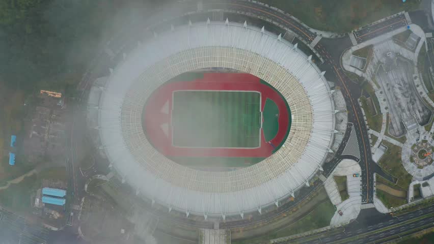 Aerial view of the National Sports Center in Sandu County, Guizhou, China, a venue with huge investment but almost useless.