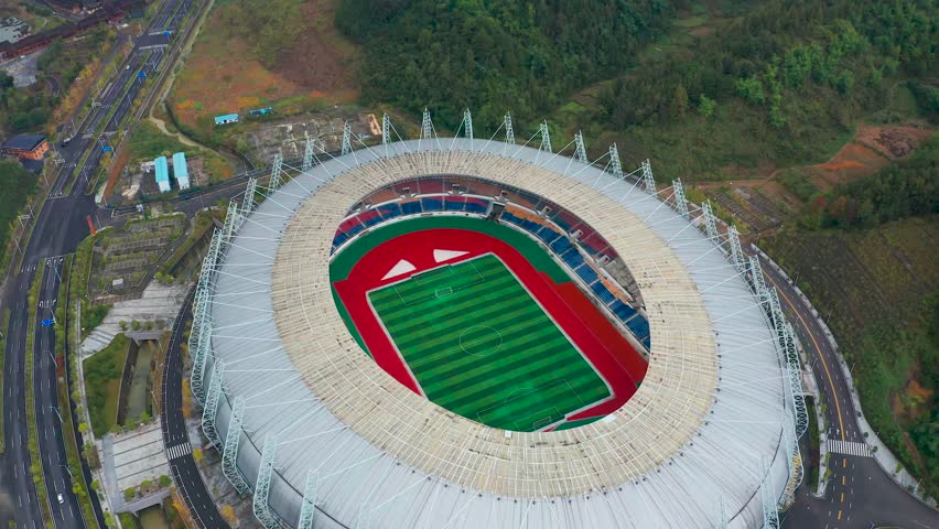 Aerial view of the National Sports Center in Sandu County, Guizhou, China, a venue with huge investment but almost useless.