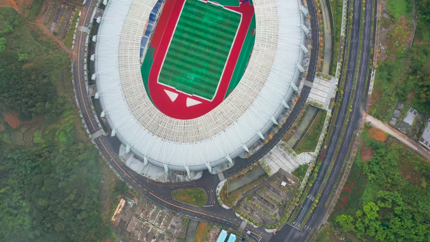 Aerial view of the National Sports Center in Sandu County, Guizhou, China, a venue with huge investment but almost useless.