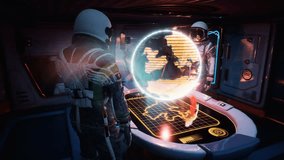 
astronauts explore the planet using its hologram,, exploratation