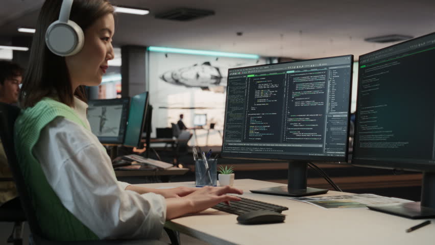 Female Asian Game Programmer Coding On Desktop Computer In Game Development Studio Diverse Office. Focused Woman Writes Lines Of Code. Gameplay Engineer of New Immersive 3D Survival Video Game Working