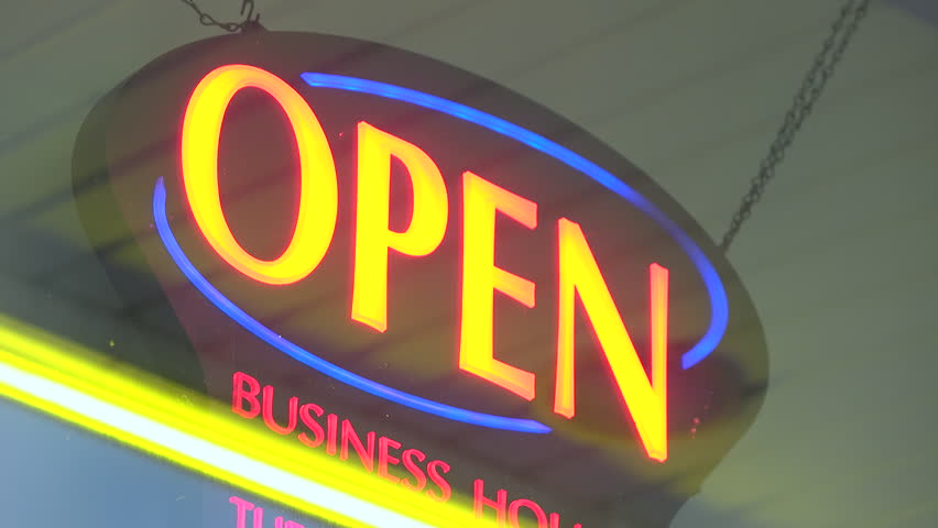 Small business open sign flashing in window of shop 4k Royalty-Free Stock Footage #1108702351