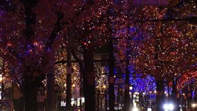 OSAKA, JAPAN - DEC 2021 : View of Christmas illumination led light up at Midosuji street. Scenery of downtown city and street at night. Japanese romantic winter and Christmas season concept 4K video.