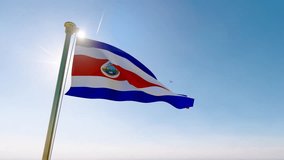 4K ULTRA HD. Flag of Costa Rica waving in the wind, sky and sun background. Costa Rica Flag Video.