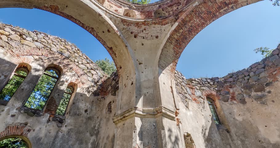 circular rotation of ruined abandoned church with arches without roof  Royalty-Free Stock Footage #1108705673