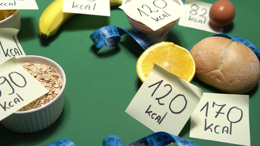 Food with calorie value labels. A concept showing calorie counting and taking care of your figure. Effective diet | Shutterstock HD Video #1108707411