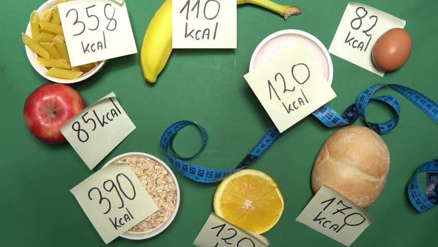 Food with calorie value labels. A concept showing calorie counting and taking care of your figure. Effective diet | Shutterstock HD Video #1108707413