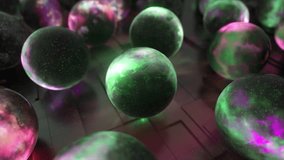  Visualization of the concept of many universes. Outer space inside a sphere. Purple green neon color. 3D animation. 3D Illustration
