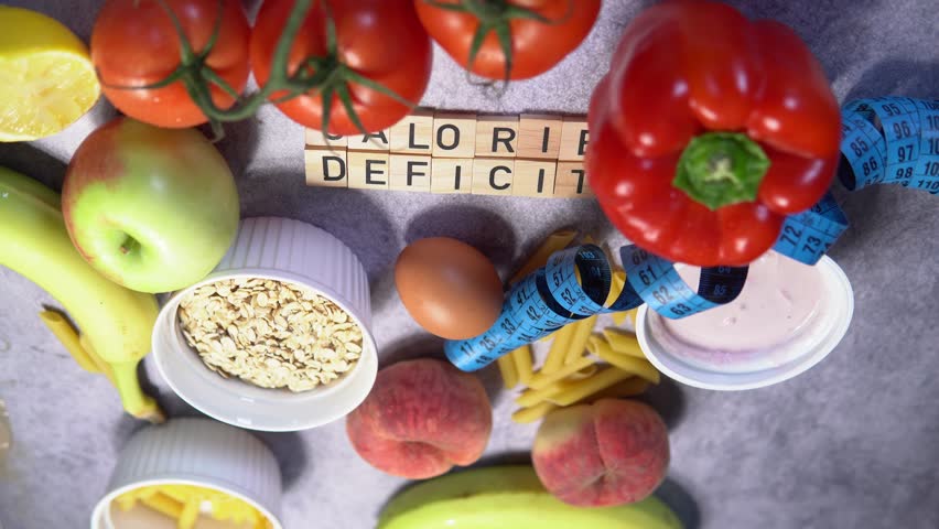 The inscription calorie deficit next to healthy food products. taking care of your figure and losing weight | Shutterstock HD Video #1108707959