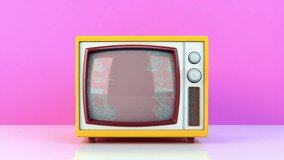 Retro tv, vintage television with a green screen, noise, interference in empty pink room. Abstract background. ProRes footage.