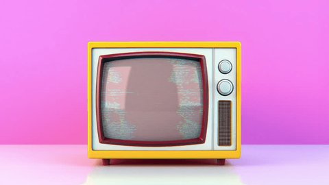 Retro tv, vintage television with a green screen, noise, interference in empty pink room. Abstract background. ProRes footage. Adlı Stok Video