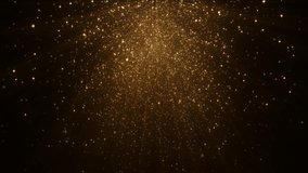 4k Gold Particles Rain. Motion Background. Golden glitter particle. Isolated on black. Defocused bokeh. Animated Overlay. Falling down glitzy lights. 2160p. 60 fps