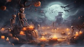 halloween night decorative with bat and moon background. seamless looping time-lapse virtual 4k video animation background.