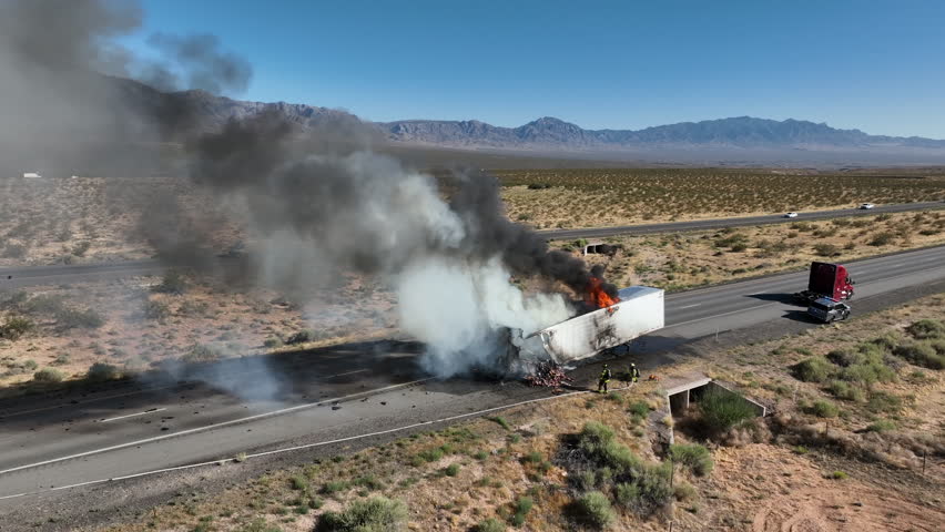 Aerial semi truck dangerous trailer fire highway. Semi truck on interstate highway in desert of Arizona and Nevada. Transporting fresh meat. Fire and smoke destroys cargo. Hazardous pollution. Royalty-Free Stock Footage #1108712795