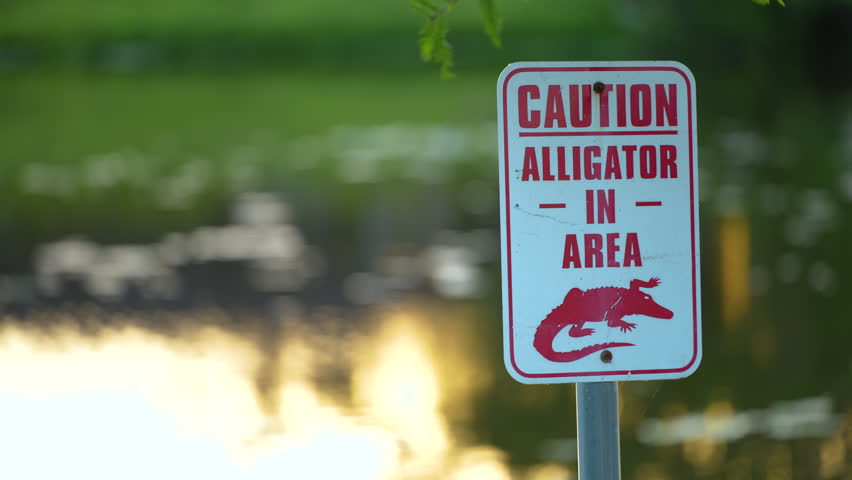 Alligator danger warning signpost in Florida waterfront park about caution and safety during walking near water