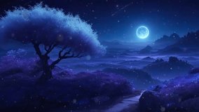 nature landscape in the night in view mountain animated background in Japanese anime watercolor painting illustration style. seamless looping video animated background