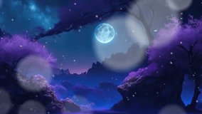 nature landscape in the night in view mountain animated background in Japanese anime watercolor painting illustration style. seamless looping video animated background