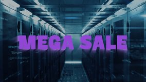 Animation of mega sale text and computer language over data server room. Digital composite, discount, shopping, programming language, coding, data center, networking and technology concept. - Powered by Shutterstock - Get 15% off with code: PIKWIZARD15