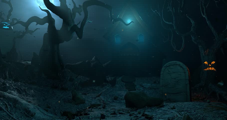 Flying in a Cemetery Skeletons Scary Cinematic 3D Animation Halloween. Halloween haunted  with witch, bats and pumpkins under the full moon video animation background 2k | Shutterstock HD Video #1108728723