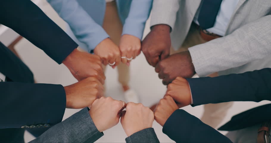 Business people, fist bump and teamwork, group solidarity or synergy and power for goals, success and motivation above. Diversity, employees closeup and hands together, mission or integration circle Royalty-Free Stock Footage #1108728795