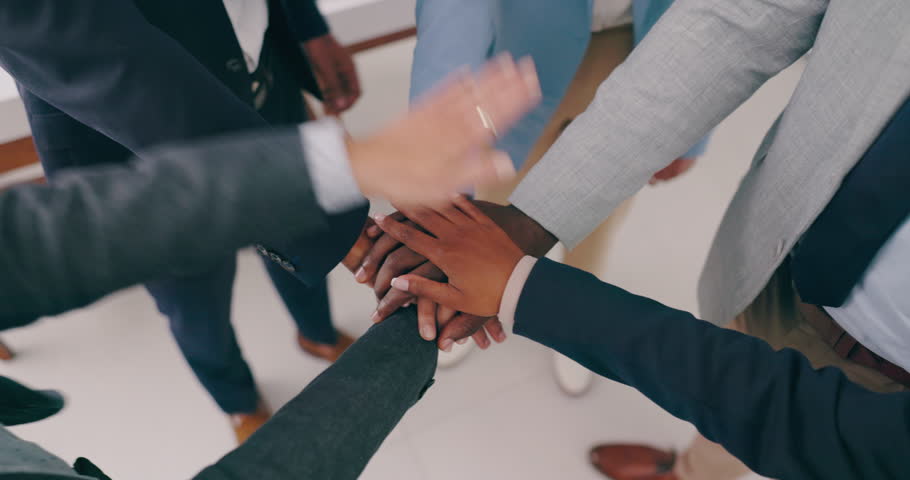 Business people, hands together and collaboration, support or teamwork with corporate goals, success and mission above. Employees, group and circle with stack for teamwork, target and staff synergy Royalty-Free Stock Footage #1108728895