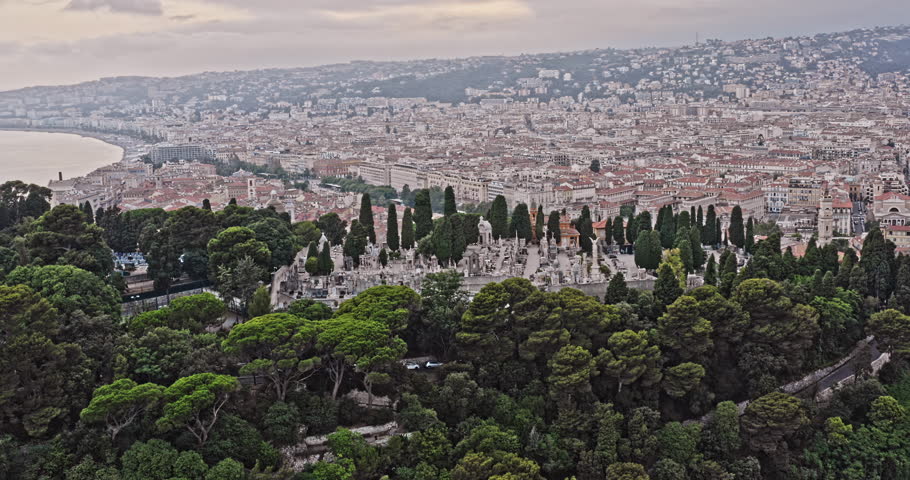 Nice France Aerial v9 birds eye view drone fly around castle hill hilltop cemetery with spectacular cityscape view from above - July 2021
