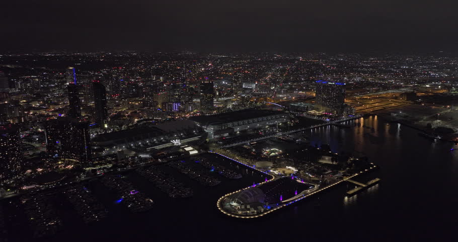 San Diego California Aerial v110 cinematic flyover bay along embarcadero marina park capturing illuminated harbor and bustling downtown cityscape at night - Shot with Mavic 3 Cine - September 2022