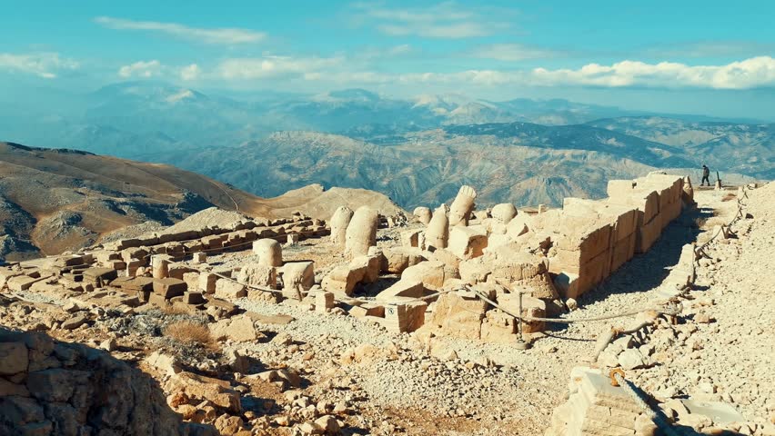 Ancient statues on top of the Nemrut Mountain in Adiyaman, Turkey. The UNESCO World Heritage Site. King Antiochus of Commagene tomb. Royalty-Free Stock Footage #1108736119
