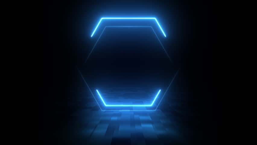 3D Render, Neon Glowing Blue Hexagon Frame on Black Background with Floor Reflection. Futuristic Technology Concept Royalty-Free Stock Footage #1108741505