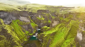 4K aerial video of Fjarrgljfur Canyon In South East Iceland.
