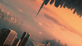 Abstract futuristic concept video of two huge city opposite each other in the sky and epic sunset