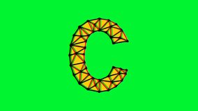 Polygonal letter c animation with glitch effect on green background, 4k resolution video, text motion graphic