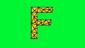Polygonal letter f animation with glitch effect on green background, 4k resolution video, text motion graphic