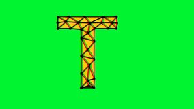Polygonal letter t animation with glitch effect on green background, 4k resolution video, text motion graphic
