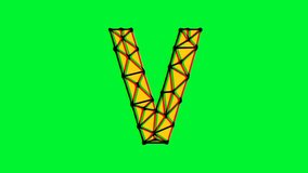 Polygonal letter v animation with glitch effect on green background, 4k resolution video, text motion graphic