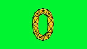 Polygonal number 0 animation with glitch effect on green background, 4k resolution video, text motion graphic