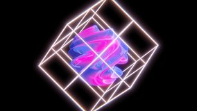 Abstract fluid morphing shape background. Pink and blue chrome metallic reflective texture. Neon glowing cube. Hi-tech sci-fi y2k style. Seamless loop animation. 3D 4K 30 fps video