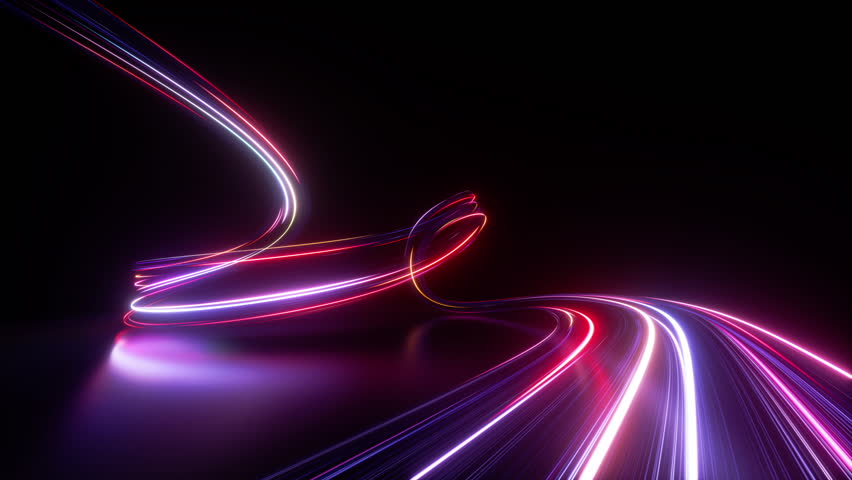 cycled 3d animation. Abstract neon background. Dynamic lines glowing in the dark room with floor reflection. Virtual fluorescent ribbon loop. Fantastic minimalist wallpaper. Speed of light Royalty-Free Stock Footage #1108751757