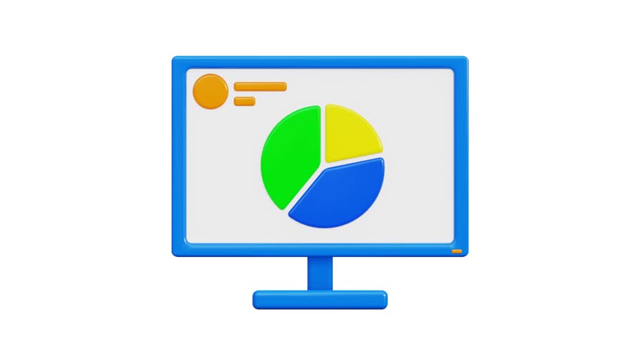 3d icon. Computer icon with infographics on display. Financial manager computer monitor, doing business on the internet. 3D rendering, 4K animation in cartoon style with Alpha channel. 3D Illustration
