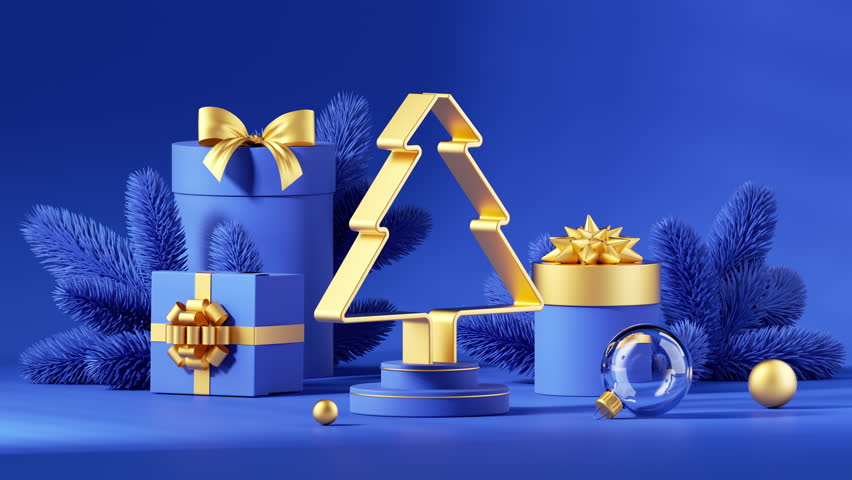 New Year background. Blue gold Christmas greeting card. Spinning and rotating fir tree shape. Wrapped gift boxes. Looping 3d animation Royalty-Free Stock Footage #1108752399