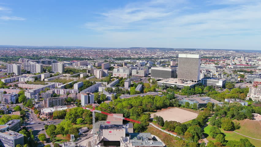 Paris: Aerial view of capital city of France, Nanterre commune in western suburbs of Paris - landscape panorama of Europe from above Royalty-Free Stock Footage #1108752501