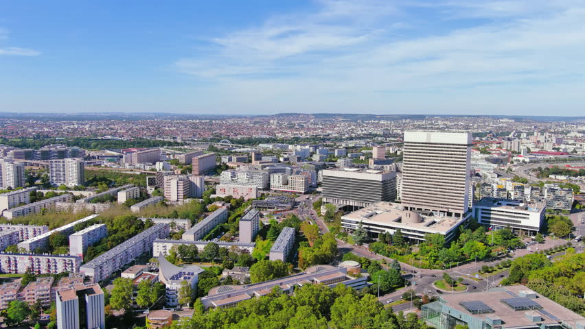 Paris: Aerial view of capital city of France, Nanterre commune in western suburbs of Paris - landscape panorama of Europe from above Royalty-Free Stock Footage #1108752503