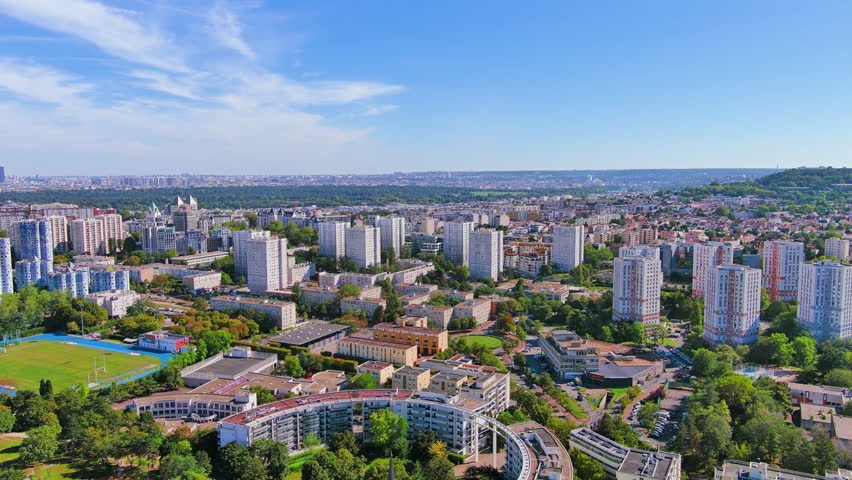 Paris: Aerial view of capital city of France, Nanterre commune in western suburbs of Paris - landscape panorama of Europe from above Royalty-Free Stock Footage #1108752509