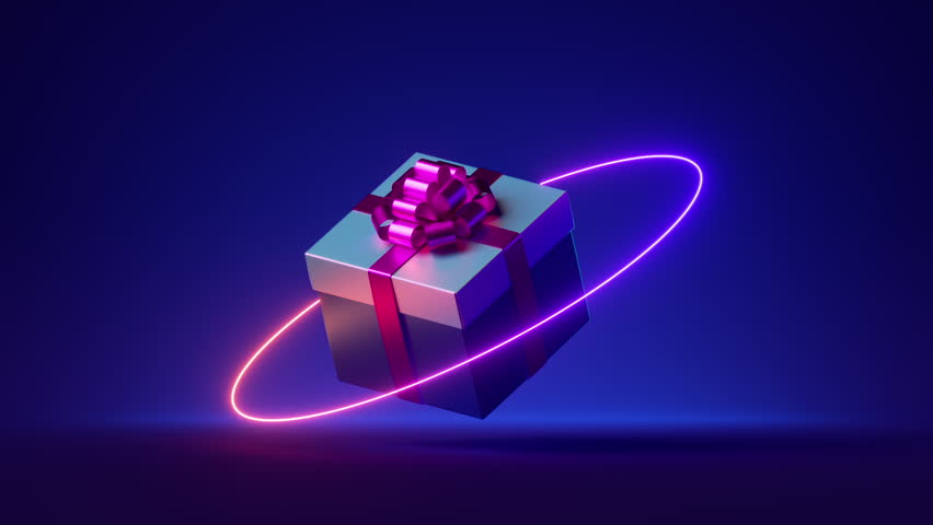 Looped 3d animation, neon ring and Christmas gift box levitates and rotates endlessly over blue background. Futuristic festive minimalist wallpaper | Shutterstock HD Video #1108752649