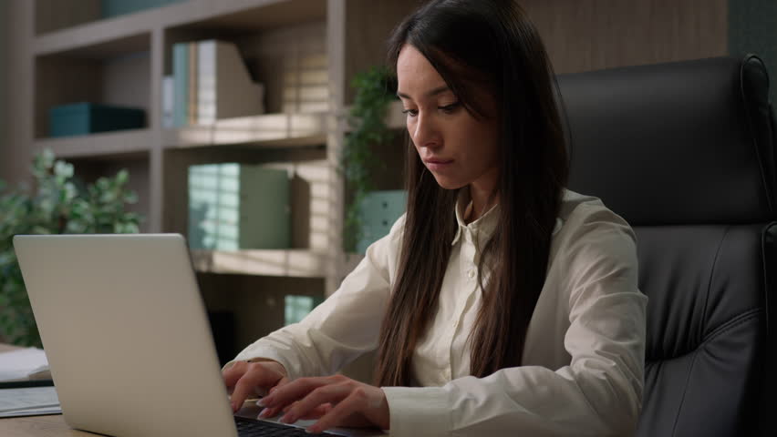 Caucasian thoughtful business woman girl serious pensive businesswoman with laptop in office working online at table work think project startup solution thinking ponder corporate problem with computer Royalty-Free Stock Footage #1108752831